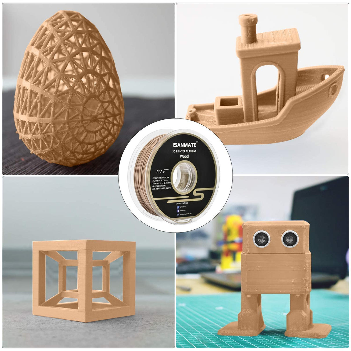 iSANMATE Wood Filament 1.75mm, PLA+ Wood Filament 1.75mm, 3D Printer Filament 1kg/Spool (Update 20% Real Wood Fiber) iSANMATE