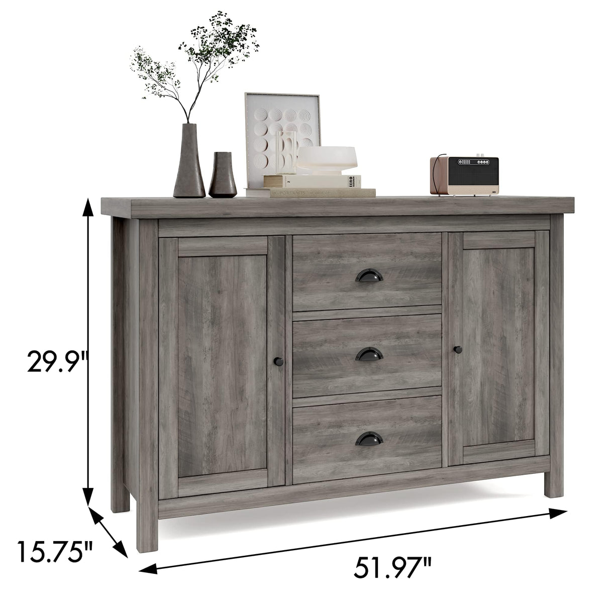 Buffet Sideboards, Kitchen Storage Cabinet, Large Storage with 3 Drawers and 2 Doors Sideboard, Farmhouse Coffee Bar Cabinet with Retro Cabinet Handles, Adjustable Shelf for Living Room, Ash Grey GAOMON