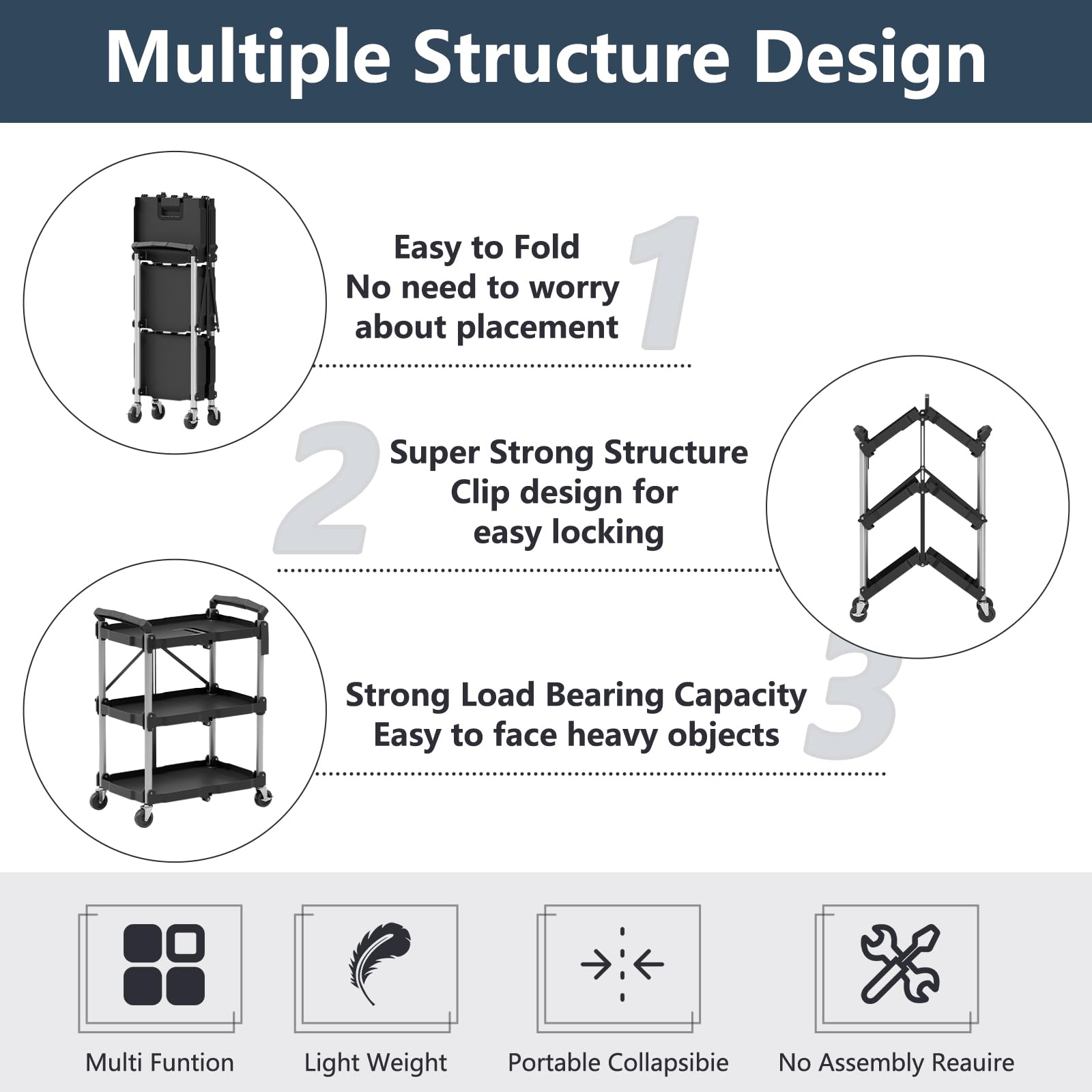 On Shine Foldable Utility Service Cart,3 Tier Folding Utility Cart, 350LBS Capacity - Rolling Cart Utility Cart Foldable Cart with Wheels for Warehouse Home Workshops Garages (Black) - WoodArtSupply