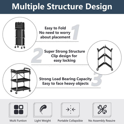 On Shine Foldable Utility Service Cart,3 Tier Folding Utility Cart, 350LBS Capacity - Rolling Cart Utility Cart Foldable Cart with Wheels for Warehouse Home Workshops Garages (Black) - WoodArtSupply