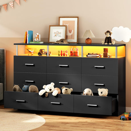 AOGLLATI Black Dresser for Bedroom with 9 Drawers, Dressers & Chests of Drawers with Column Design & Charging Station,Modern Bedroom Led Wide Long Dresser Storage Organizer for Living Room,Black AOGLLATI