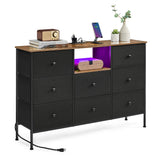 SONGMICS Dresser with Power Outlets and LED Lights, Fabric Chest of Drawers, 25 Colors, 8 Drawers, TV Stand for up to 60 Inch TVs, 11.8 x 47.2 x 31.3 Inches, Ink Black and Rustic Brown ULTS518B01 SONGMICS