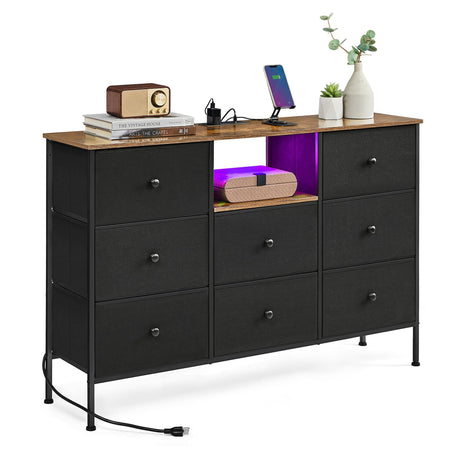 SONGMICS Dresser with Power Outlets and LED Lights, Fabric Chest of Drawers, 25 Colors, 8 Drawers, TV Stand for up to 60 Inch TVs, 11.8 x 47.2 x 31.3 Inches, Ink Black and Rustic Brown ULTS518B01 SONGMICS