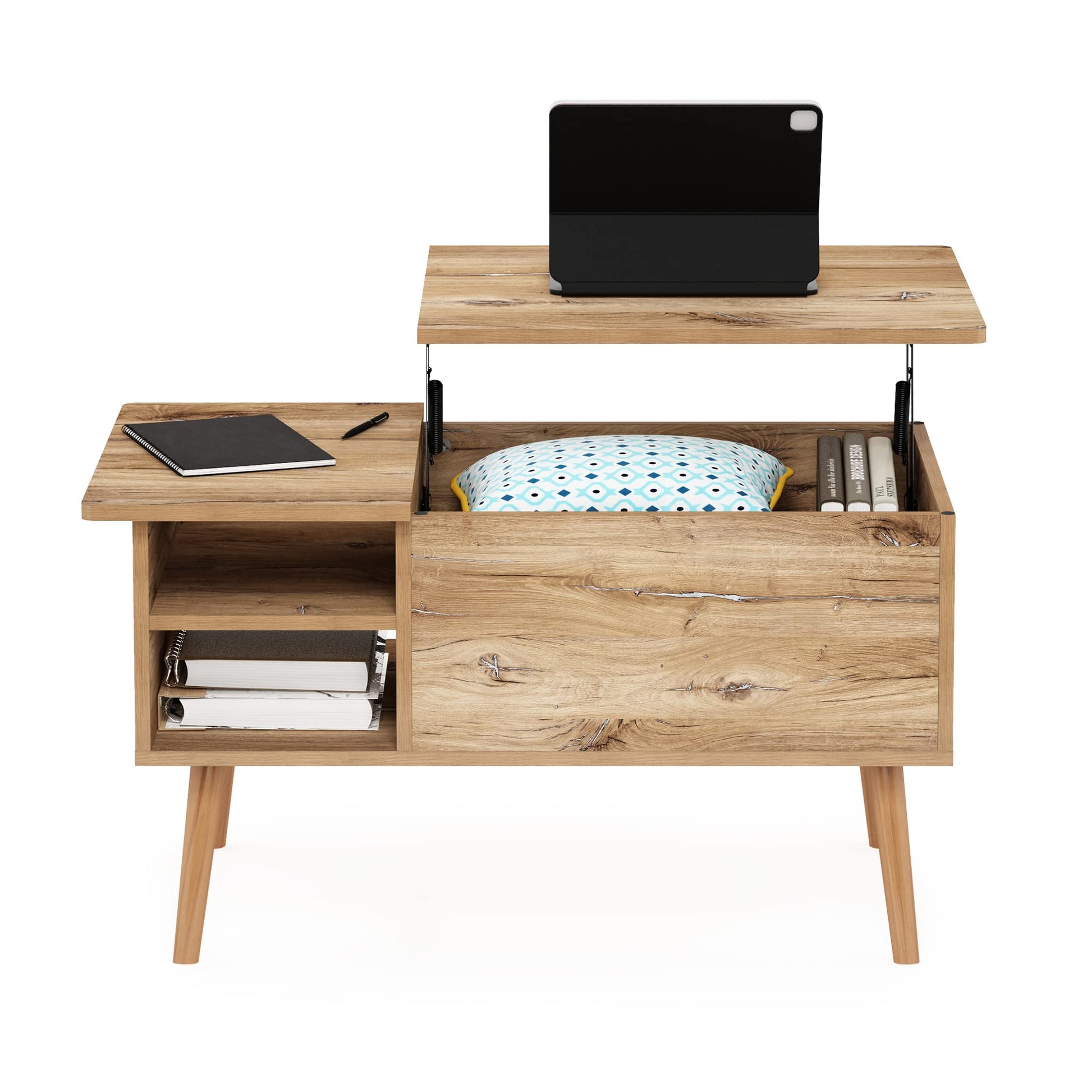 Furinno Jensen Wooden Leg Lift Top Coffee Table with Hidden Compartment and Side Open Storage Shelf for Living Room, Flagstaff Oak - WoodArtSupply