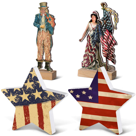 Chunful 4 Pcs Veterans Day Patriotic Tiered Tray Decor Veterans wooden Table Decorations Farmhouse Stars Centerpiece Wood Signs Lady Liberty Signs Standing Blocks Red White Blue(Flag) Chunful
