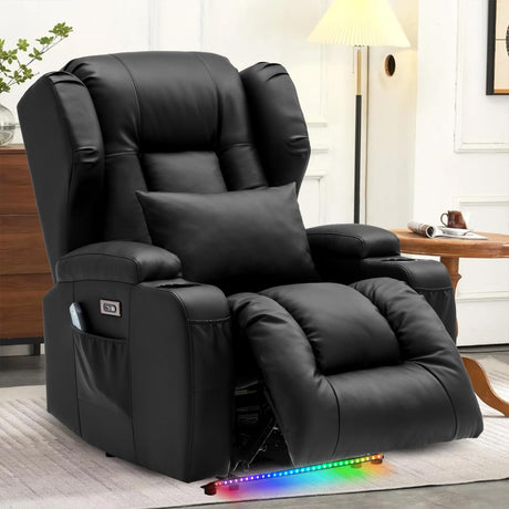 Power Recliner Chairs for Adults with Massage and Heat,Single Faux Leather Recliner Chair Sofa Reclinable Home Theater Seating with LED Lights,Cup Holders,Reclining Chair for Living Room (Black) Generic