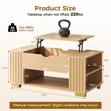 COMHOMA Lift Top Coffee Tables for Living Room, 39" Center Table with Hidden Storage Compartment, Adjustable Wooden Tea Table for Small Spaces, Natural Oak COMHOMA