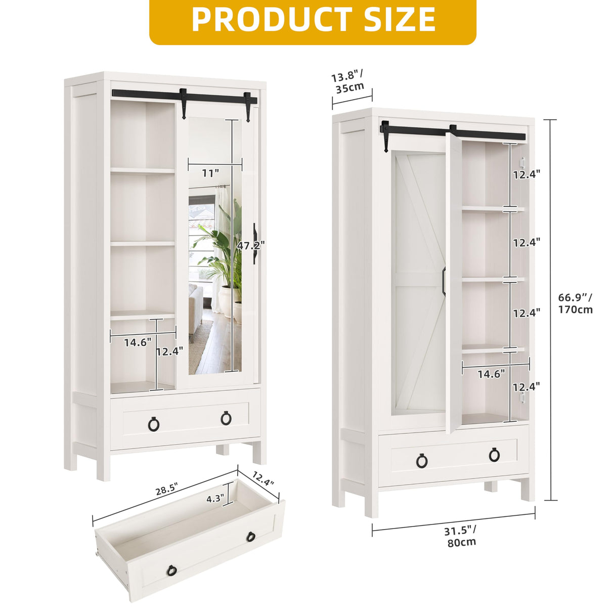 DWVO Bathroom Storage Cabinet, 67" Tall Storage Cabinet with Full Length Mirror ＆ Barn Door, Farmhouse Bathroom Cabinets with Drawers for Kitchen Cabinet, Living Room, Laundry, White Oak DWVO