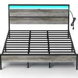 Rolanstar King Bed Frame with Headboard, Bed Frame King with LED Lights, Camas King Size Bed with Charging Station, Solid Metal Slats, Noise Free, No Box Spring Needed, Grey Rolanstar