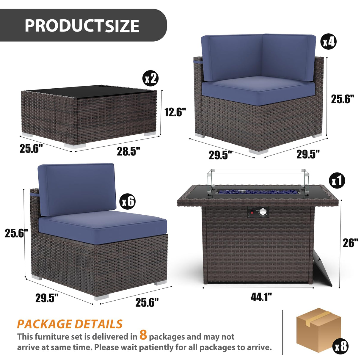 Vakollia 13 Pieces Patio Furniture Set with 44" Propane Gas Fire Pit Table, Outdoor Sectional Wicker Conversation Sofa Sets with Coffee Table Vakollia