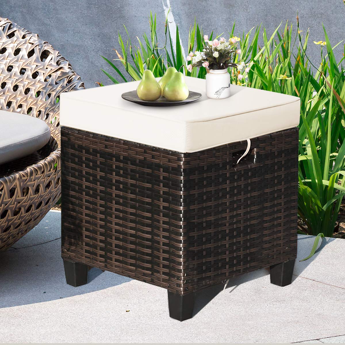 Tangkula 2 Pieces Outdoor Patio Ottoman, All Weather Rattan Wicker Ottoman Seat, Patio Rattan Furniture, Outdoor Footstool Footrest Seat w/Removable Cushions Tangkula