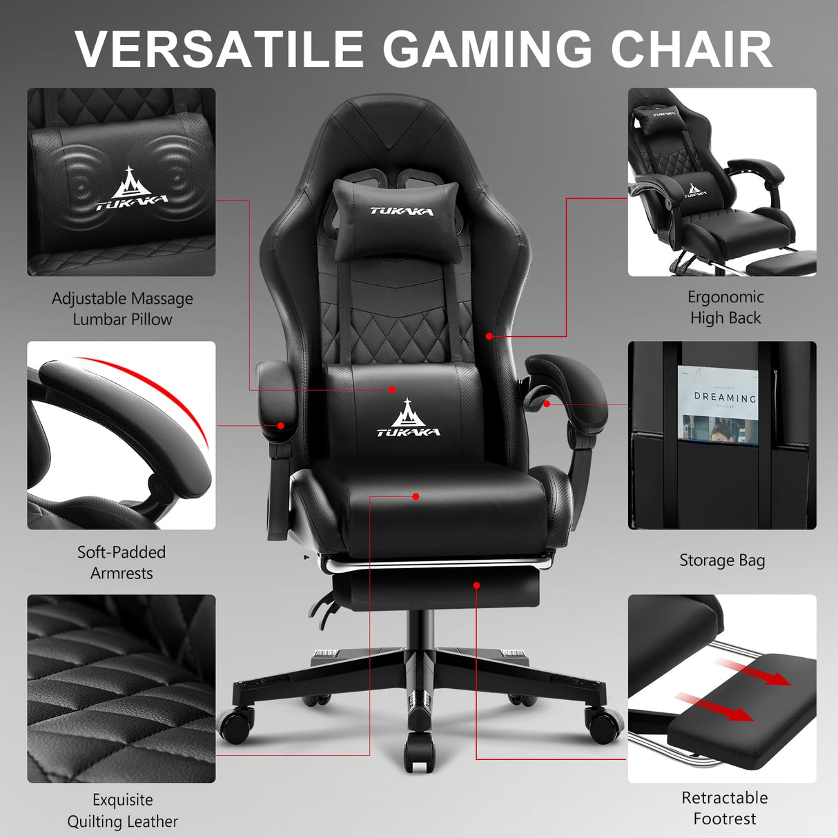 TUKAKA Gaming Chair,Ergonomic Massage Computer Office Desk Chair with Footrest,Pocket Spring Cushion,Reclining Leather Adjustable Gamer Chair with Headrest and Lumbar Support,Black TUKAKA