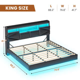 ADORNEVE King Size Floating Bed Frame with LED Lights, Storage Headboard, and Charging Station in PU Black ADORNEVE