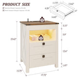 Farmhouse LED Nightstand with Gun Drawer&Invisible Lock,Modern Bedside Table with Human Sensor Design,Rustic Side Table with Wireless Charging for Living Room, White FREDEES