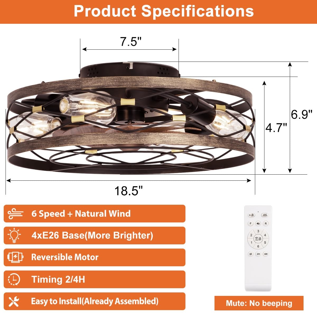 SHLUCE Caged Flush Mount Ceiling Fan with Lights, Farmhouse Rustic Bladeless Ceiling Fans with Lights and Remote, Low Profile Small Fandelier Ceiling Fan with Light for Bedroom, Kitchen, Black SHLUCE