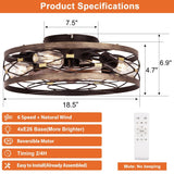 SHLUCE Caged Flush Mount Ceiling Fan with Lights, Farmhouse Rustic Bladeless Ceiling Fans with Lights and Remote, Low Profile Small Fandelier Ceiling Fan with Light for Bedroom, Kitchen, Black SHLUCE