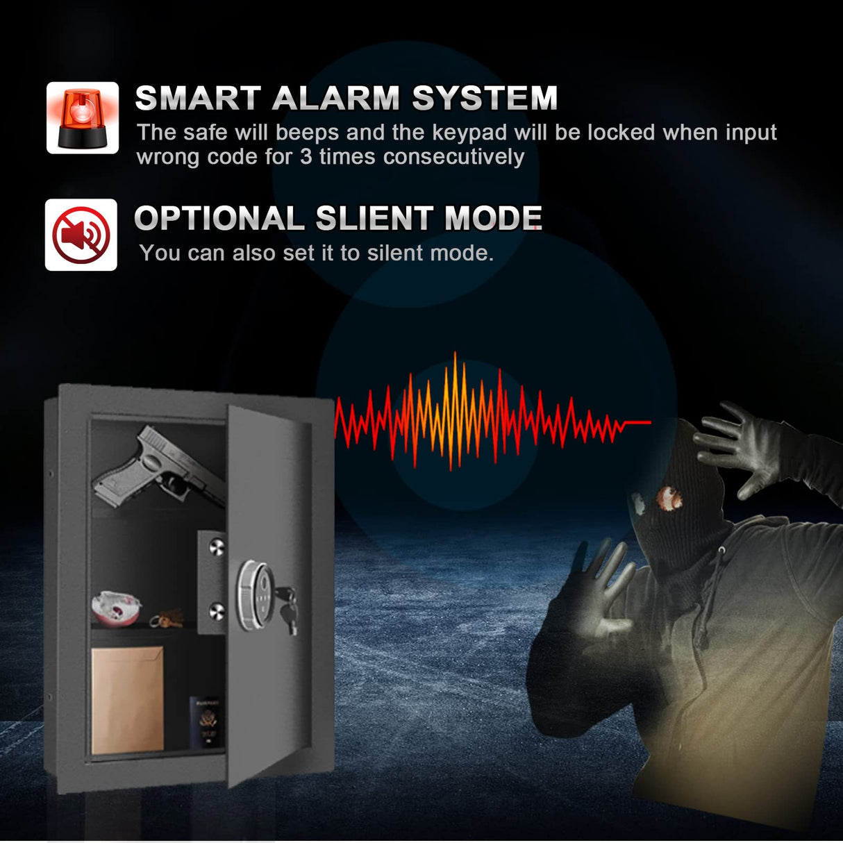 Biometric Wall Safe, Hidden Fingerprint Security Wall Safe, In Wall Safe Between Studs, Perfect for Home/Office/Hotel, Secure Handgun, Documents, Jewelry, Valuables Black LANGGER V