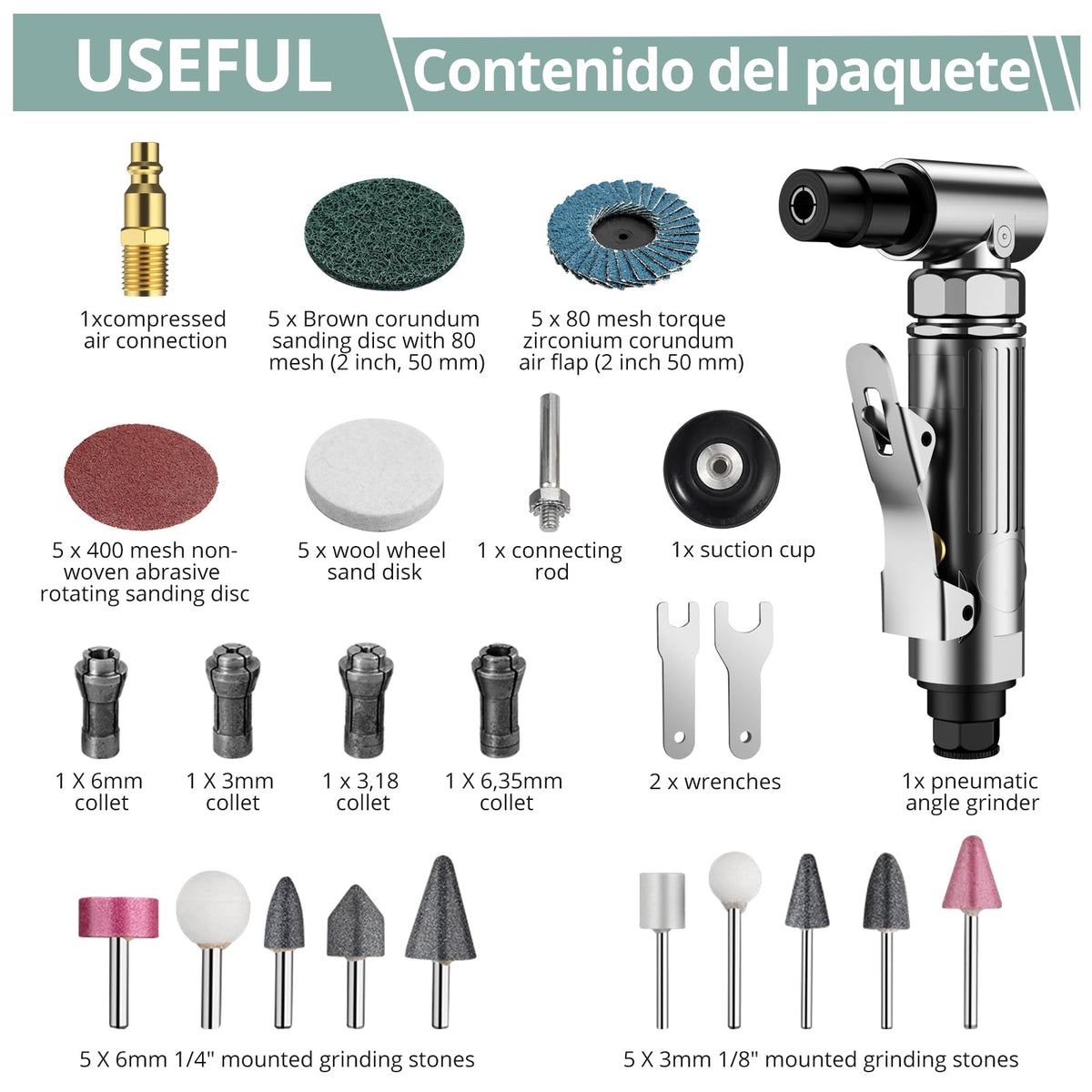 COLFULINE Angle Air Die Grinder 1/4" with 20 pcs 2" Roll Lock Sanding Discs, 90 Degree Heavy Duty 20,000 RPM Compressed Sander Polisher Tool for Contour Grinding, Polishing, Milling, Cutting COLFULINE
