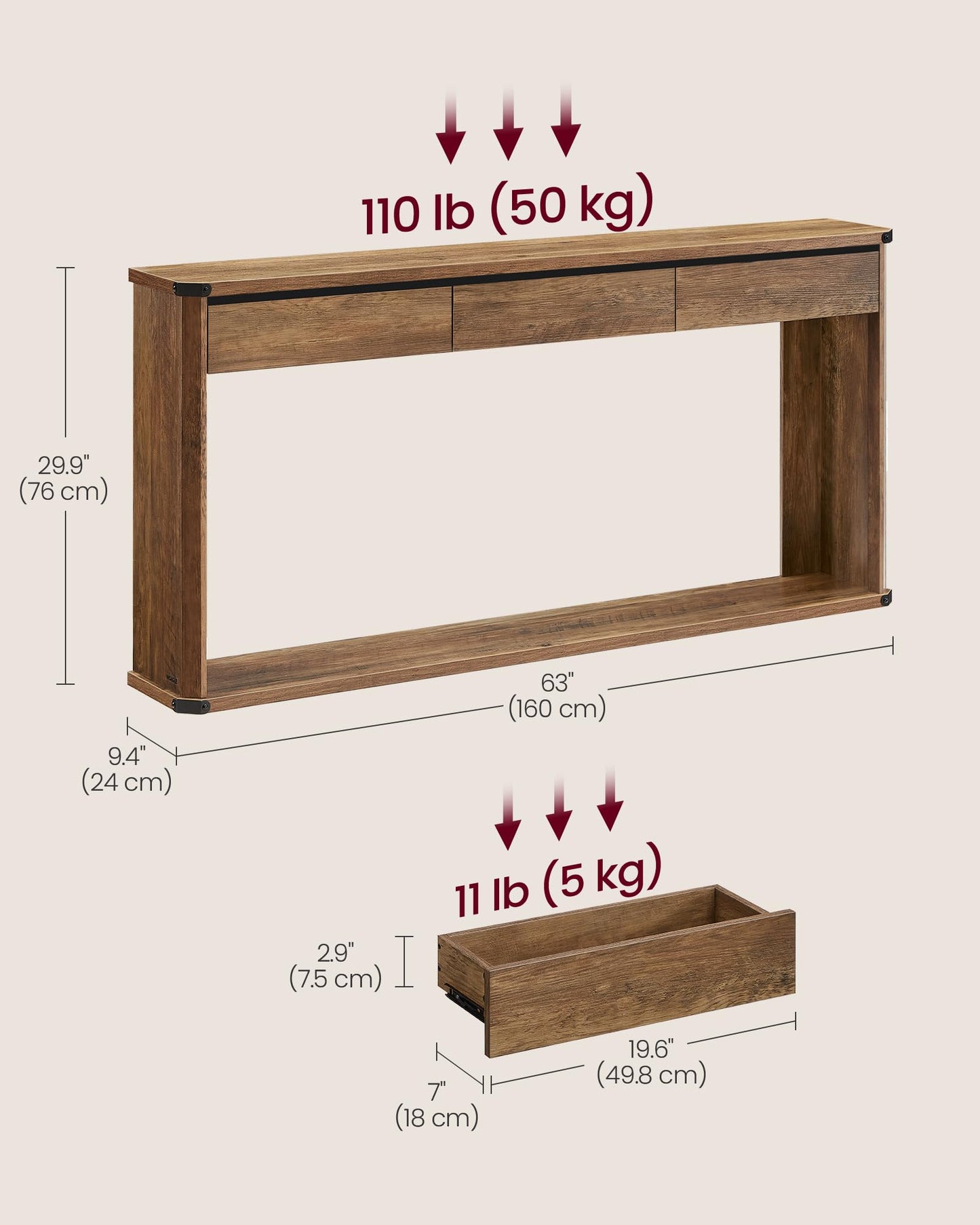 VASAGLE Console Table, 63 Inches Sofa Table, Narrow Entryway Table, Entry Table with 3 Drawers, Bottom Shelf, Metal Corners, for Living Room, Bedroom, Farmhouse Style, Honey Brown ULNT146K41