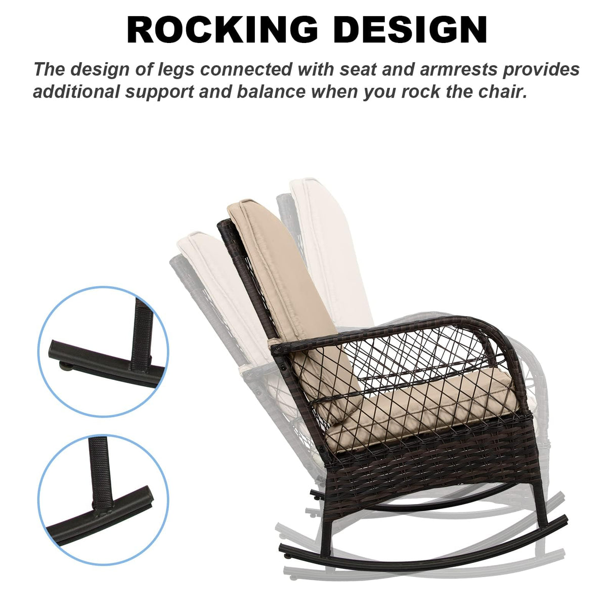 LEVELEVE 3 pcs Rocking Bistro Set Conversation Chairs PE Wicker Outdoor Rocking Chairs & Glass Table,for Porch Lawn Garden Backyard Deck(Rocking Set,Khaki) LEVELEVE