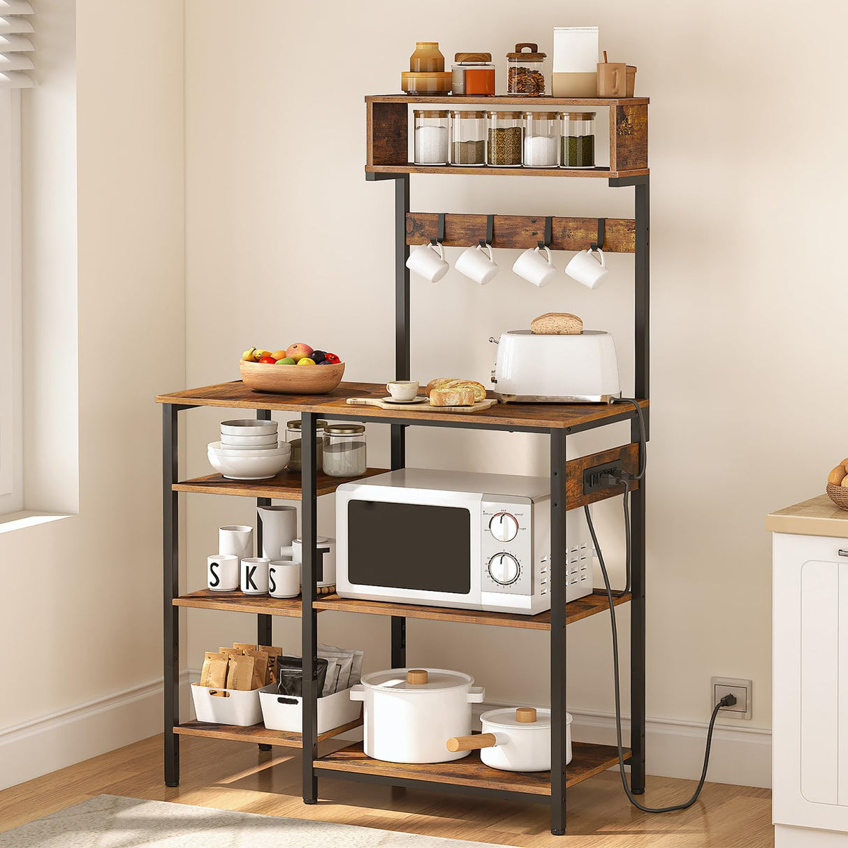 HOOBRO Bakers Rack with Power Outlet, 35.4 Inches Microwave Stand with 4 Hooks, 6 Tiers Kitchen Storage Shelf Rack, Coffee Bar Table, Rustic Brown and Black BF10UHB01 HOOBRO