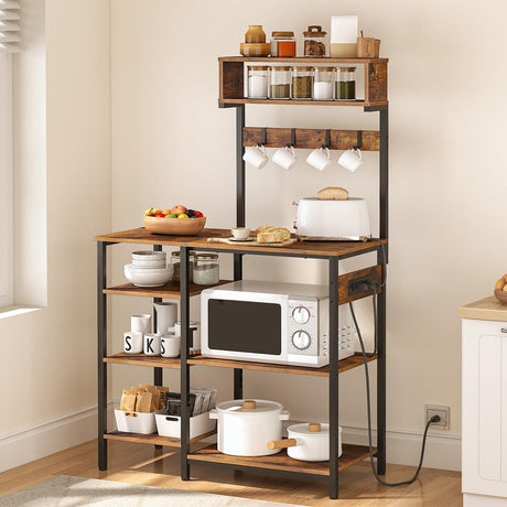 HOOBRO Bakers Rack with Power Outlet, 35.4 Inches Microwave Stand with 4 Hooks, 6 Tiers Kitchen Storage Shelf Rack, Coffee Bar Table, Rustic Brown and Black BF10UHB01 HOOBRO