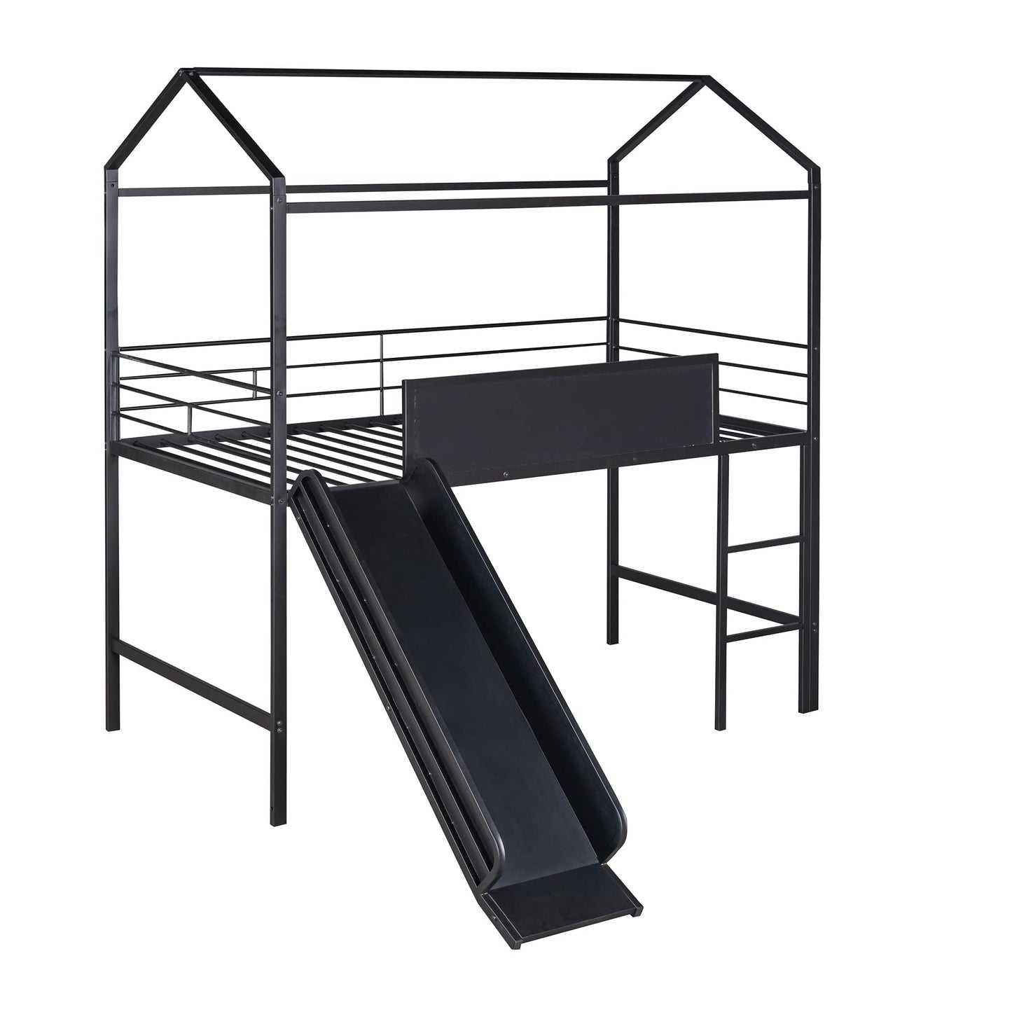 Twin House Loft Beds with Slide and Chalkboard, Low Loft Bed Twin Size, Metal House Bed with Guardrail and Ladder, Metal Twin Size Loft Bed for Kids Teens Girls Boys (Twin, Black)