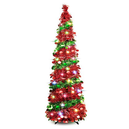 5 FT Collapsible Sequin Pop Up Christmas Tree with 90 LED Lights, Skinny Pencil Tinsel Xmas Tree with Stand for Apartments