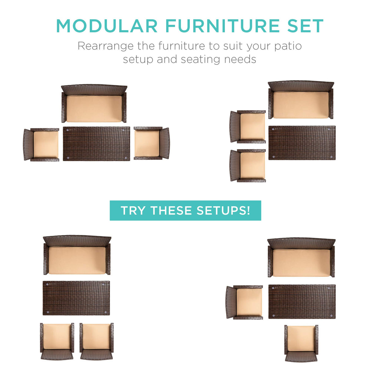 Best Choice Products 4-Piece Outdoor Wicker Patio Conversation Furniture Set for Backyard w/Coffee Table, Seat Cushions - Brown/Beige Best Choice Products