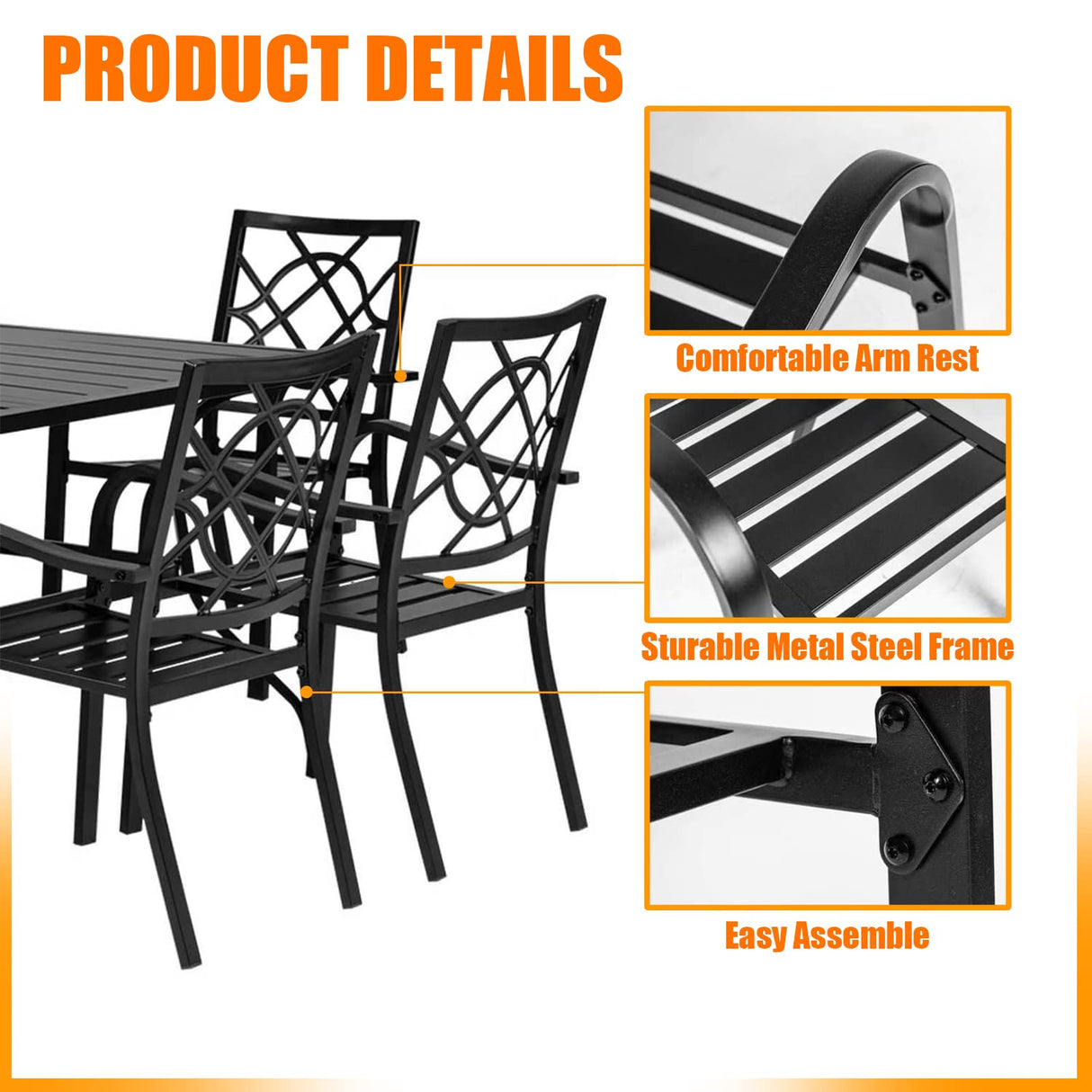 Crownland 5 Piece Outdoor Dining Set, Patio Metal Dining Sets, 4 Stackable Metal Chairs and Square Outdoor Dining Table with 1.57" Umbrella Hole, for Backyard, Lawn, Garden (Classic Black) Crownland
