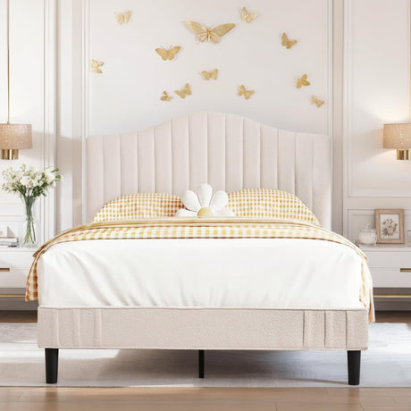 VECELO Full Size Upholstered Platform Bed Frame with Adjustable Teddy Fabric Headboard, Strong Wood Slats, 7.9" Under-Bed Storage, Noise-Free, No Box Spring Needed - Beige VECELO