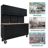 CHETTO 72" Tool Chest Rolling Tool Box 15 Storage Drawers 3 Upper Cabinet Pegboard Large Toolbox with Wheels for Warehouse Basement Home Pantry Garage Black CHETTO C