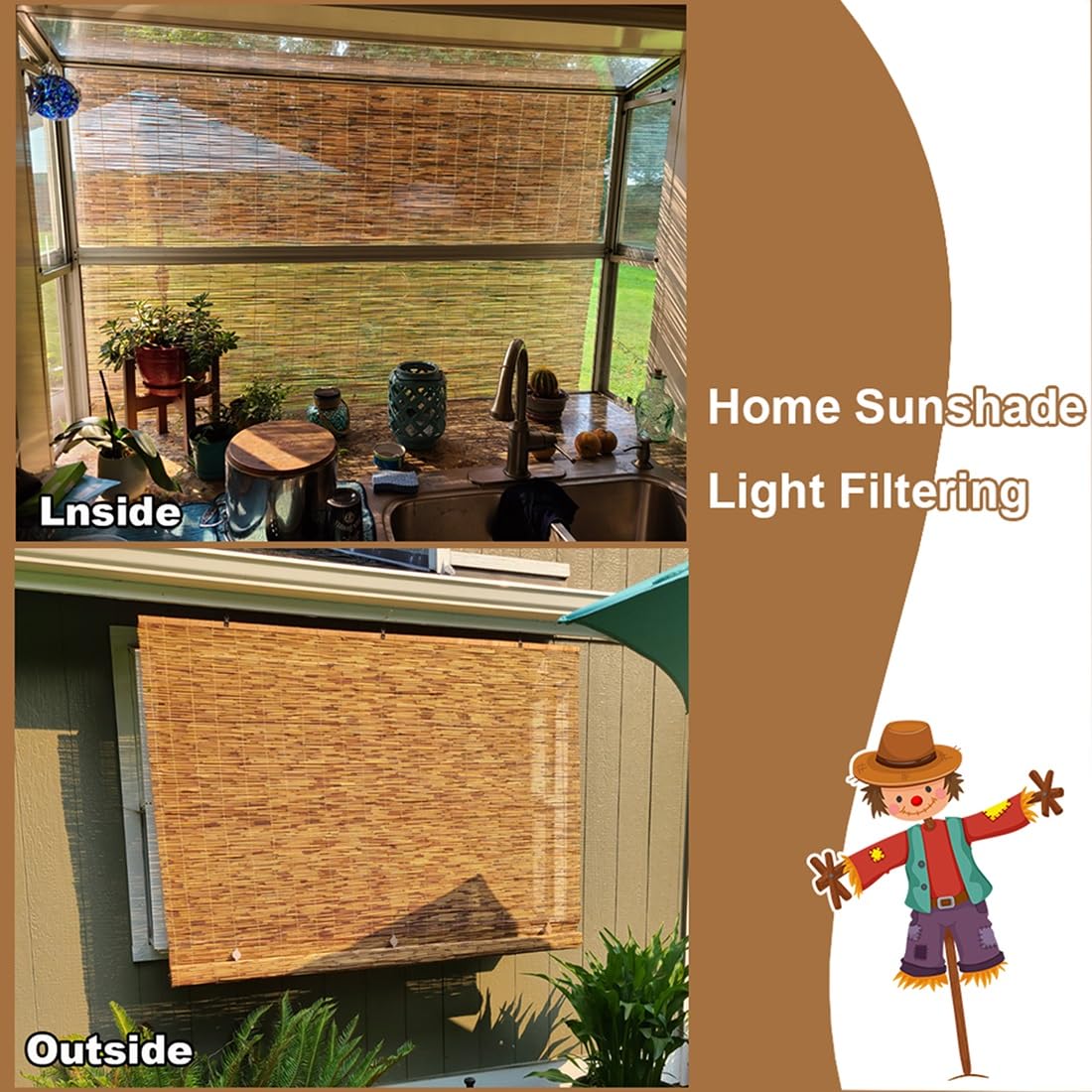 Bamboo Shades for Patio, Bamboo Window Blinds 11" 26" 31" 36" 42" 48" 53" 59" 64" 69" Bamboo Roll Up Blind for Balconies Laundry Kitchen Apartment Cordless, Cocoa(Size:25 in Width x 47 in High) WoodArtSupply