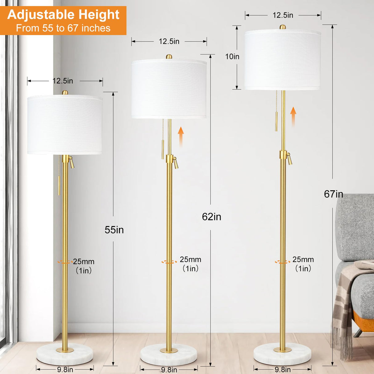 Modern Floor Lamp for Living Room, Adjustable Height Standing Lamp with Marble Base, 3-Way Dimmable Gold Brass Tall Pole Light with White Linen Shade for Reading, Bedroom, Chain Switch, Bulb Included Qingmiao