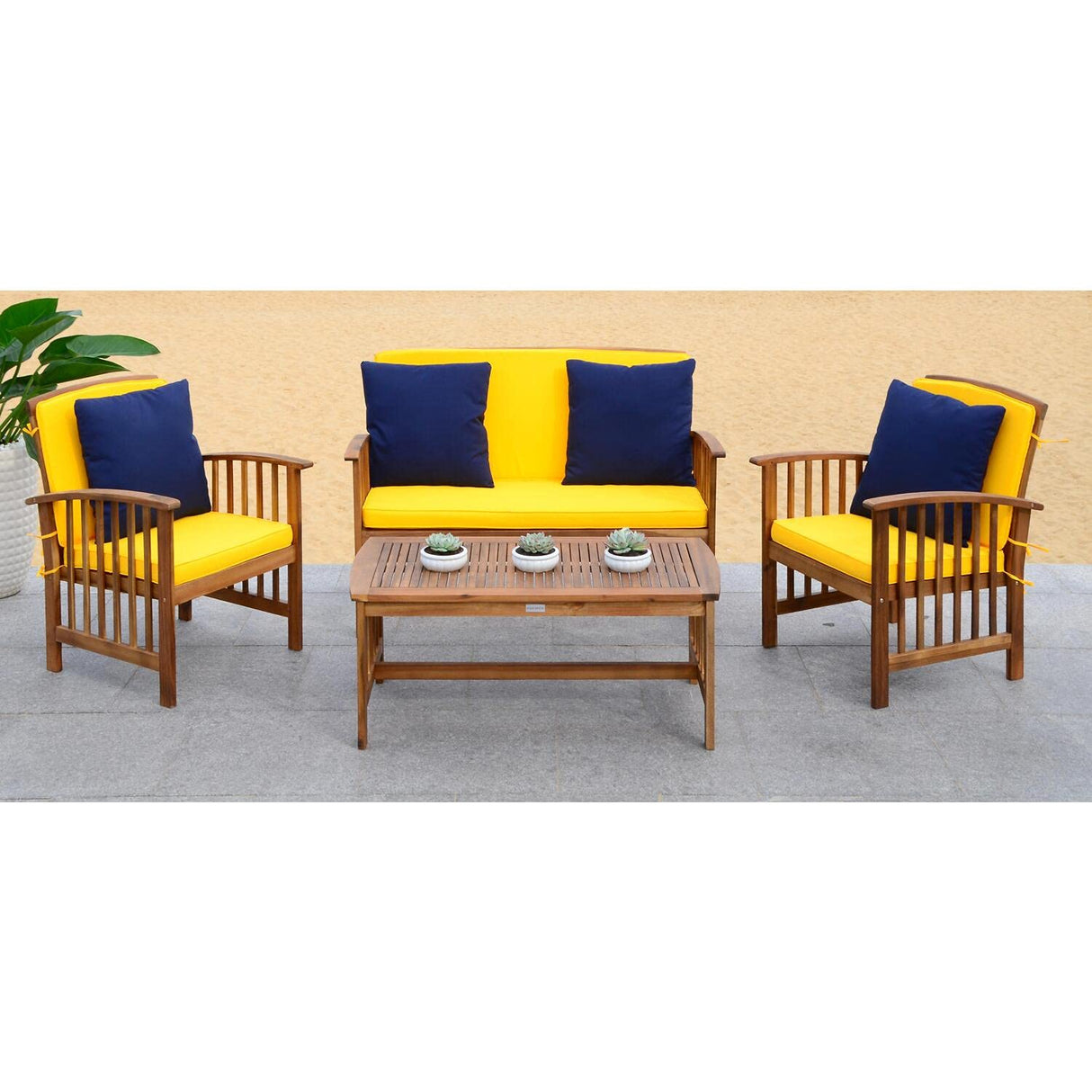 SAFAVIEH Outdoor Collection Rocklin Natural/ Beige 4-Piece Conversation Patio Set with Cushions Safavieh