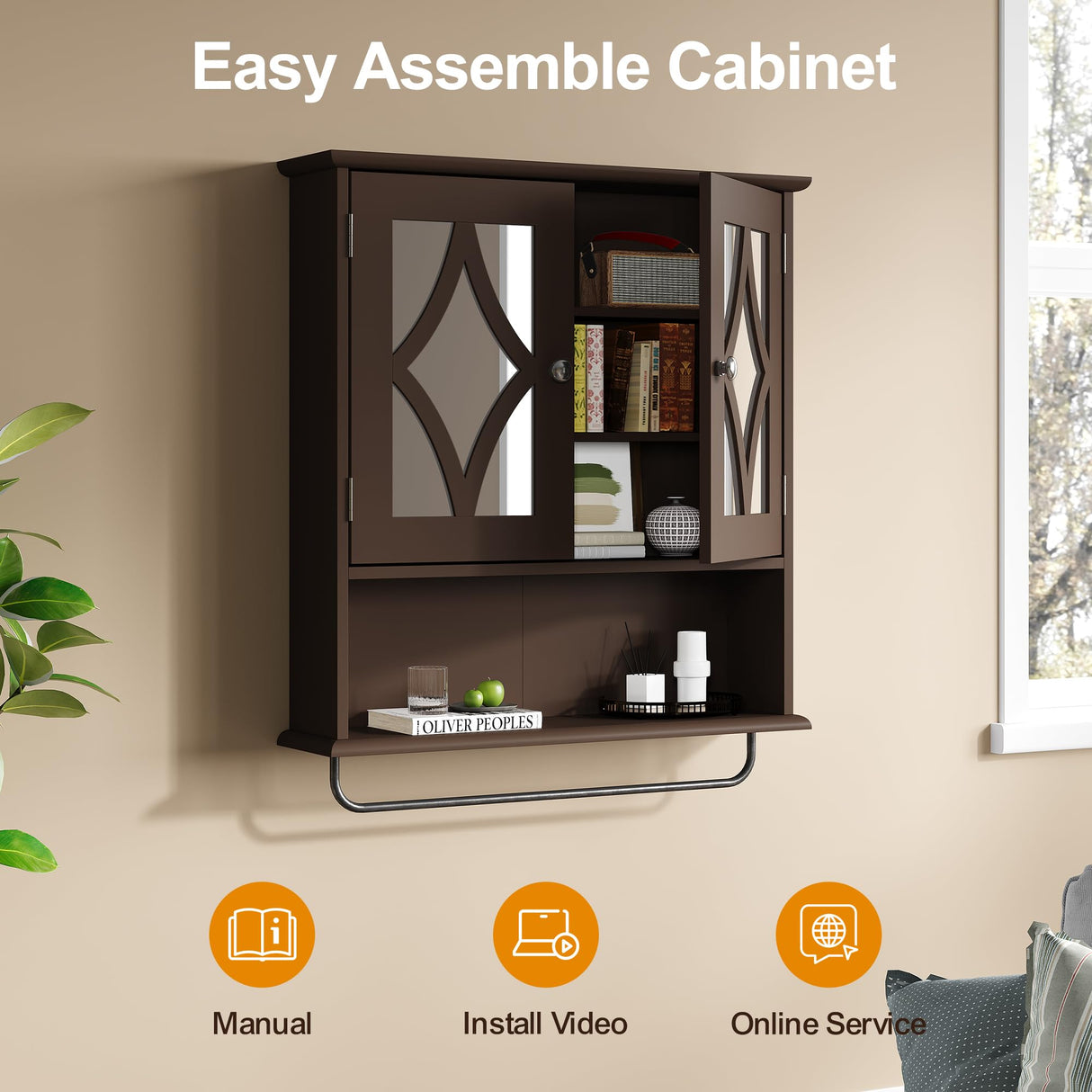 RoyalCraft Bathroom Medicine Cabinet Wall Mounted, Over The Toilet Storage Cabinet with Towel Rack and Adjustable Shelf, Large Bathroom Towel Cabinet Wall Mount 22 * 25 inch (Brown) RoyalCraft