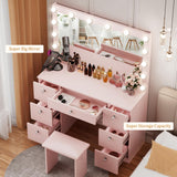 VOWNER Vanity with Lighted Mirror - Makeup Vanity Desk with Glass Top, 7 Drawers and Power Outlet, 3 Color Lighting Modes Adjustable Brightness, 44" Vanity Table with Stool for Women Girls, Pink VOWNER