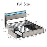 Halitaa Full Size Metal Bed Frame with LED Lights, Charging Station & 4 Storage Drawers in Wash Grey Halitaa