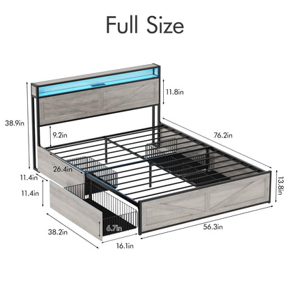 Halitaa Full Size Metal Bed Frame with LED Lights, Charging Station & 4 Storage Drawers in Wash Grey - WoodArtSupply