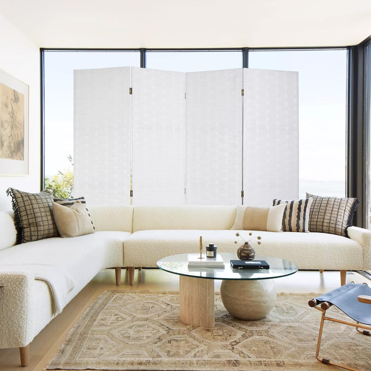 Room Divider Wall Divider 6FT 4 Panels Wood Mesh Hand-Woven Indoor Room Screen Folding Portable Partition Screen, White Dopinmin