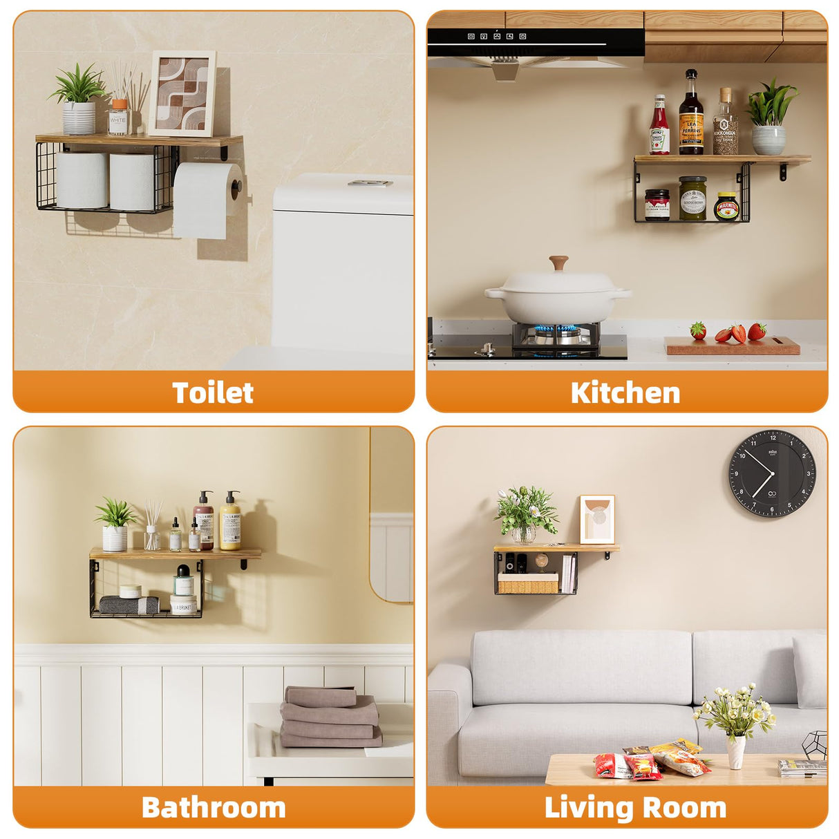 VITVITI Toilet Paper Holder with Shelf, Wall Mounted Toilet Paper Storage Basket, Wood Metal Toilet Roll and Wipes Holder for Bathroom Farmhouse (Brown) VITVITI