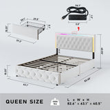 Elegant White Queen Bed Frame with LED Headboard, Storage Drawers, and Fast Charging Station XEPAMU