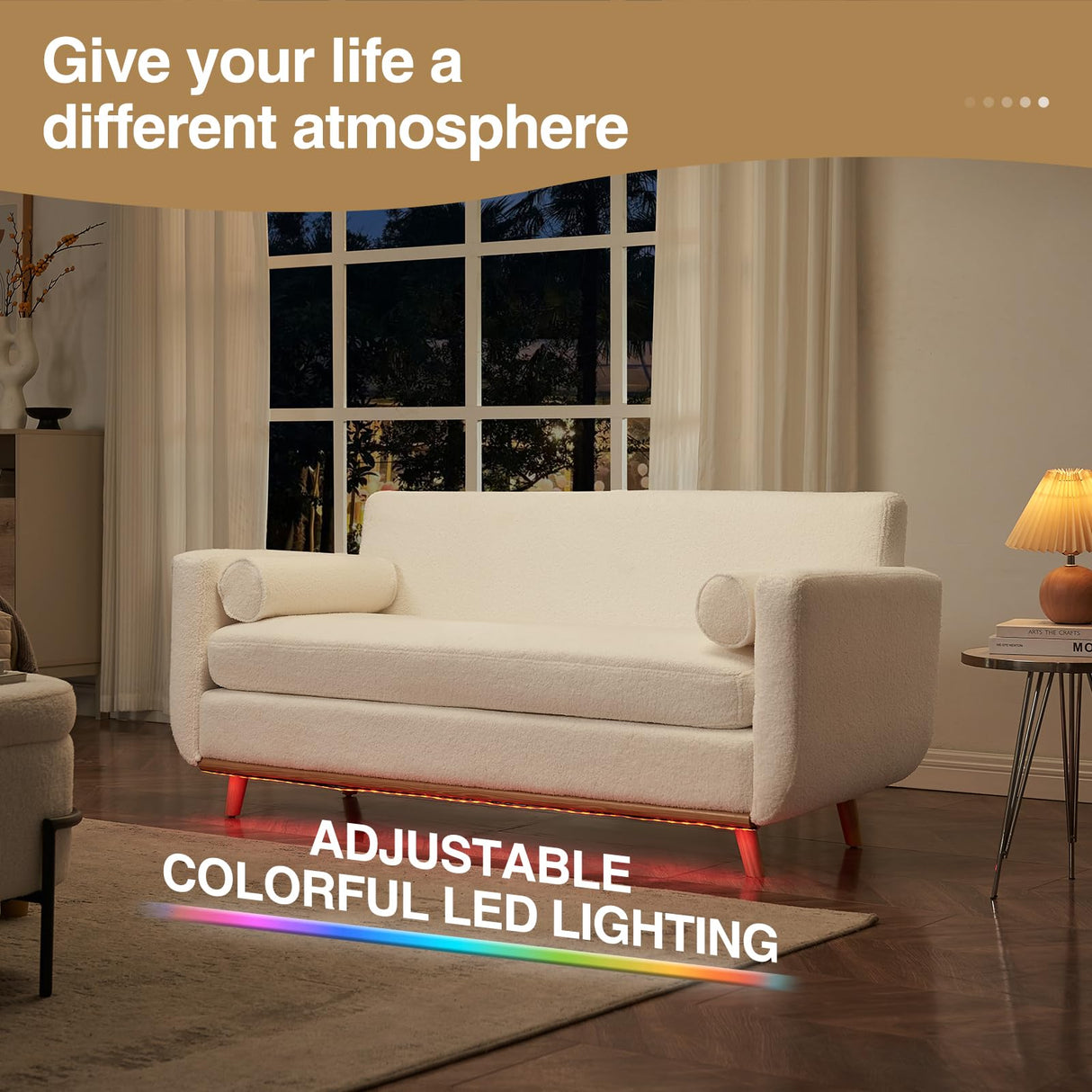 Vabches Loveseat Sofa, White Sherpa Couch with LED Lights and USB Ports Modern Fluffy Love Seat Couches 2 Seater Comfy Washable Covers Sofa Furniture for Bedroom Living Room Small Space Office, 63" L Vabches