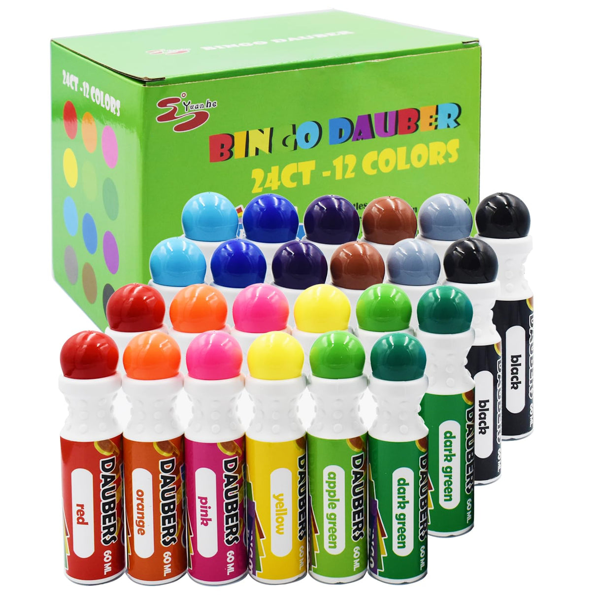 Yuanhe Bingo Daubers Dot Markers - Mixed Colors Set of 24 Pack-12Colors Yuanhe