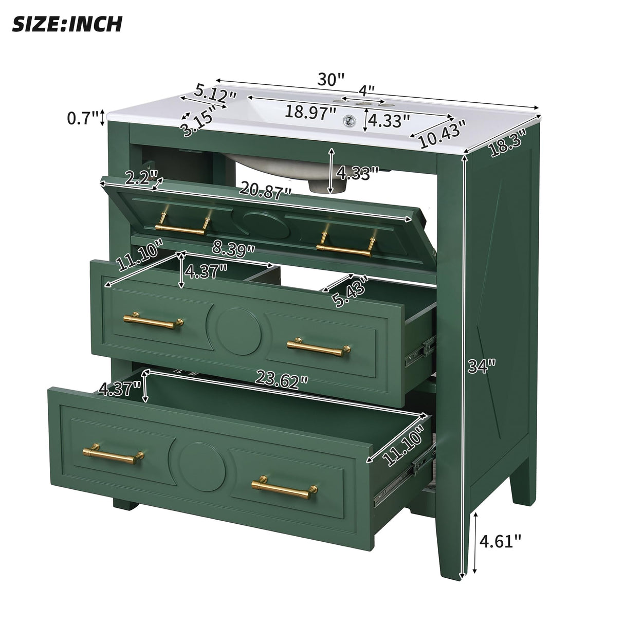 Merax 30" Bathroom Vanity with Sink Top, 3-Drawer Bathroom Vanity Storage Cabinet with Gold Pulls, Tip-Out Drawer, Solid Wood Frame Bath Storage Vanity with Ceramic Sink Merax