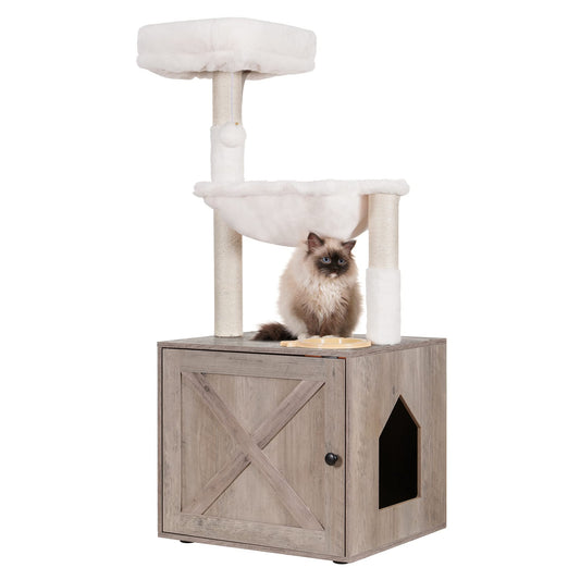 Hey-brother Cat Tree with Litter Box Enclosure, All-in-one Cat Tower for Indoor Cats with Large Hammock, Bed, Food Station, Scratching Posts, Modern Style Pet Furniture, Rustic Gray MPJ100SG