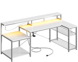 Bestier White Gaming Desk with Power Outlet, 71.5 LED Computer Desk with Monitor Stand, Large L Shaped Desk with Adjustable Shelf, Cup Holder & Headset Hooks, Corner Study Desk for Bedroom Bestier