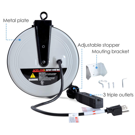 Aceland 25ft Retractable Extension Cord Reel with 3 Electrical Outlets, 16AWG/3C SJTW Power Cord for Indoor & Outdoor Use, UL Listed Aceland
