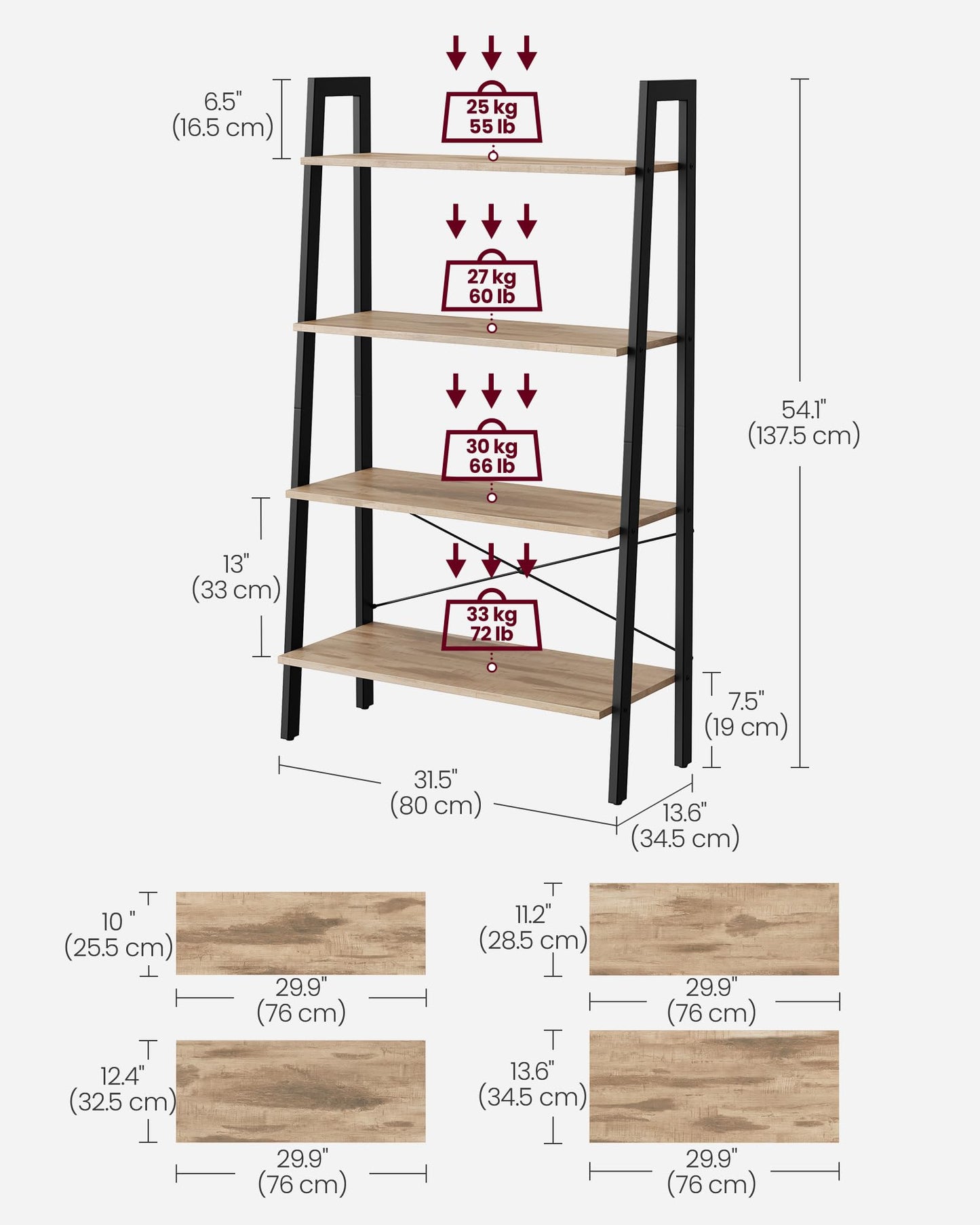 VASAGLE Ladder Shelf, 4-Tier Bookshelf, Storage Rack, Bookcase with Steel Frame, for Living Room, Home Office, Kitchen, Bedroom, Industrial Style, Camel Brown and Black ULLS144B50