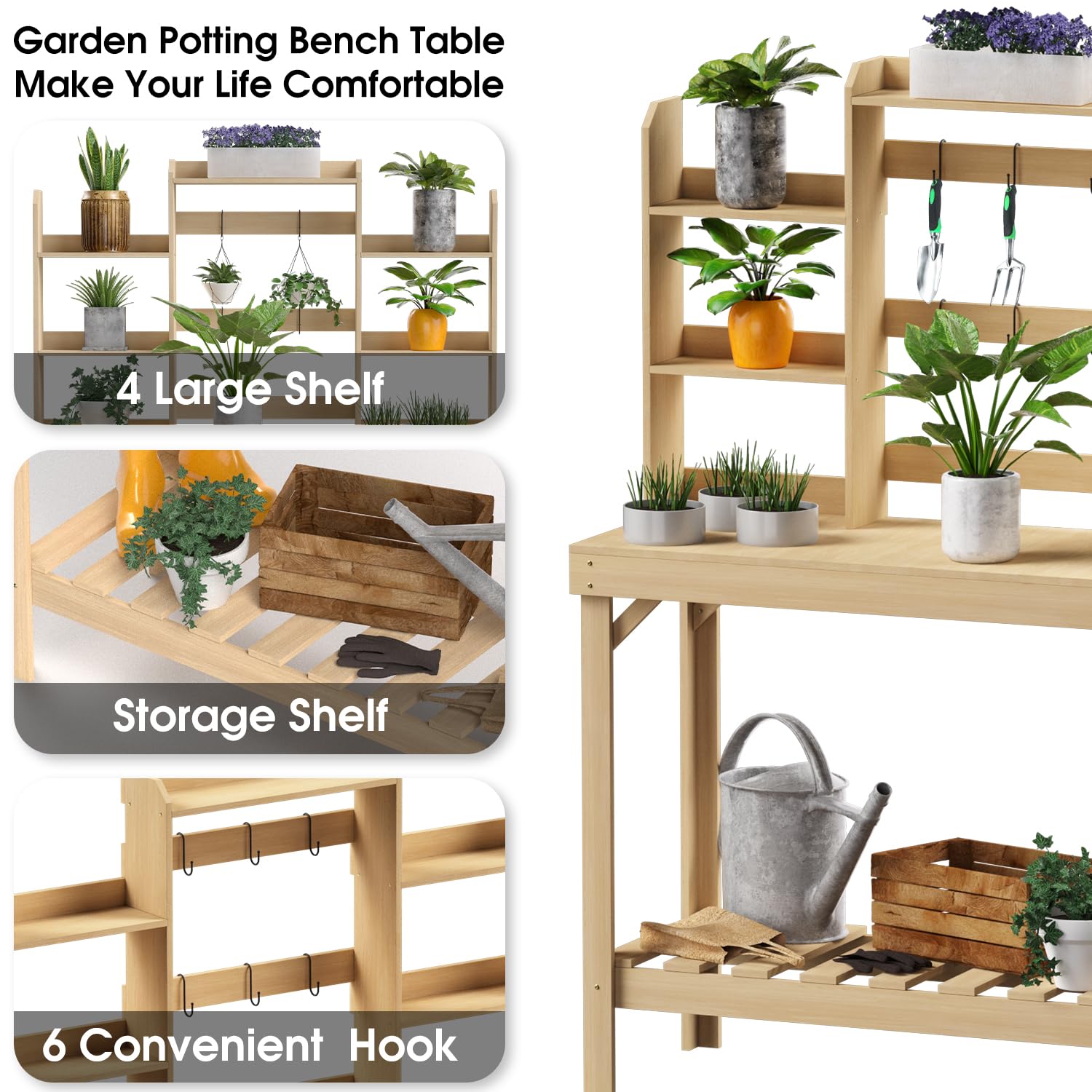 Highpro Outdoors Potting Benches Table, Garden Work Table Outside, Wooden Workstation Table with Storage Shelf - WoodArtSupply